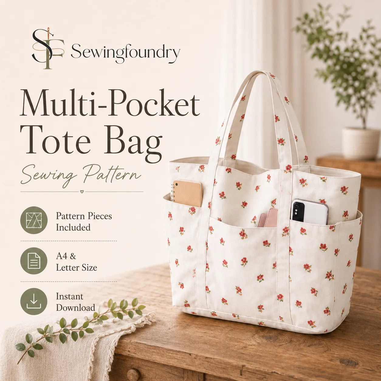Multi-Pocket Tote Bag Sewing Pattern